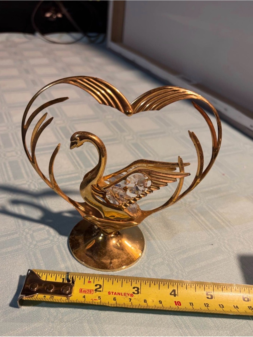 Vintage Brass Swan Figurine in a heart with Crystal Accent